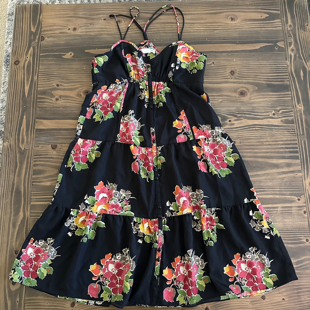 Women's American Eagle Black Floral Midi Dress Size 6 sundress boho tiered skirt